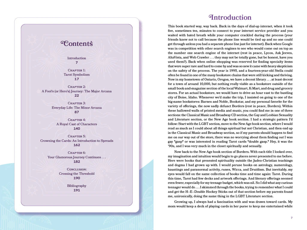 Book page with table of contents and introductory text on a light blue background