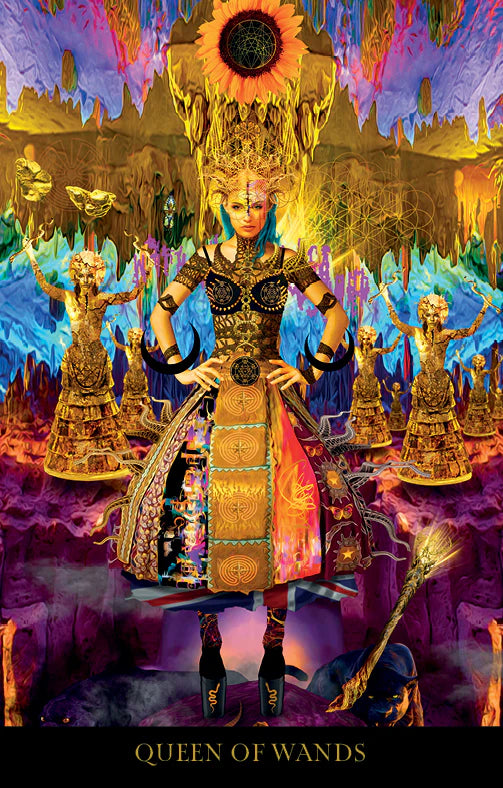 Futuristic warrior with glowing sunflower headpiece in a colorful, otherworldly landscape.