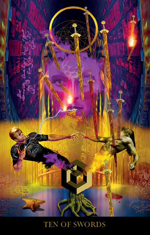 Artistic depiction of 'Ten of Swords' tarot card with two figures reaching towards each other over a central symbol.