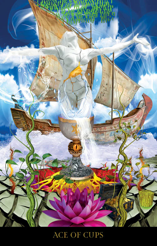 Ace of Cups tarot card with a ship, statue, and lotus flower in a fantasy setting