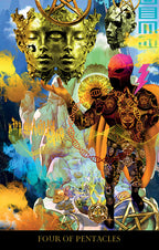 Collage with abstract figures and symbols, featuring gold, blue, and orange colors.