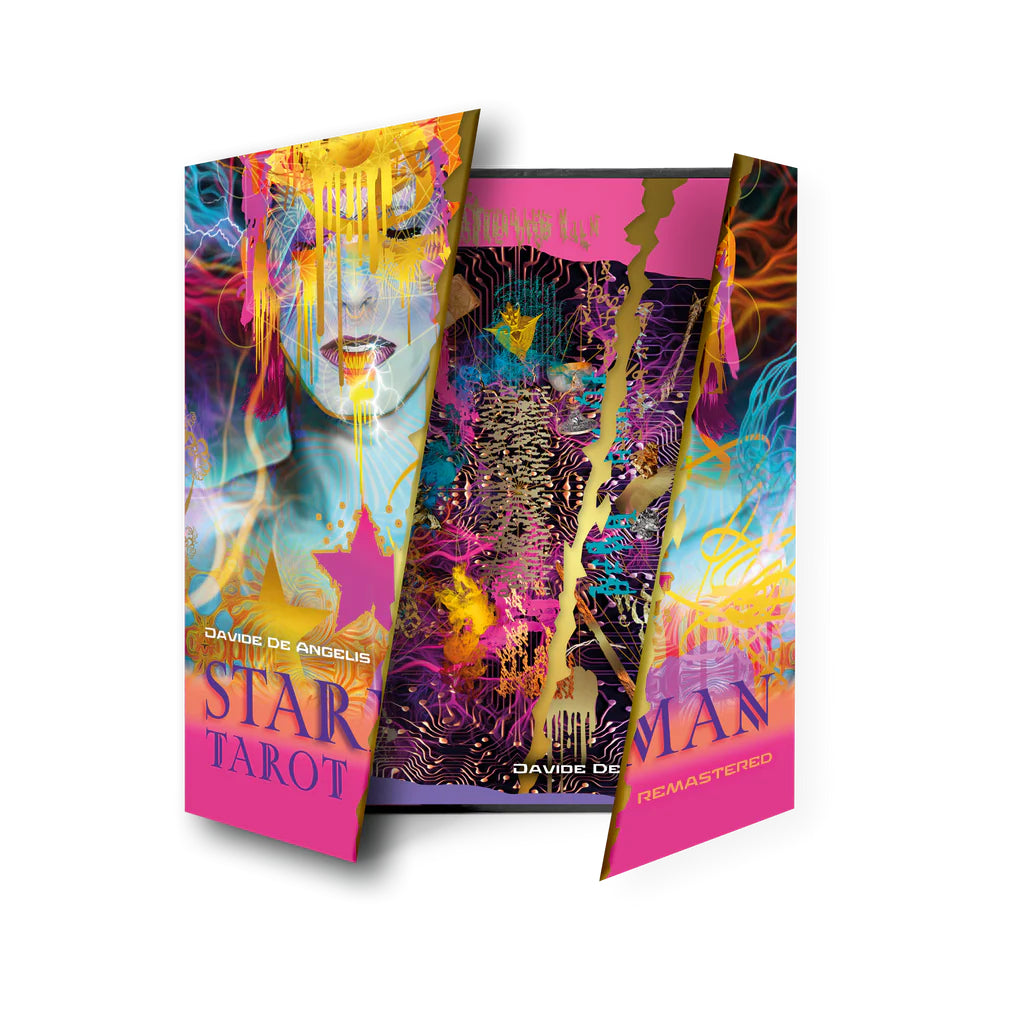 Colorful Star Tarot card packaging with abstract designs and text.