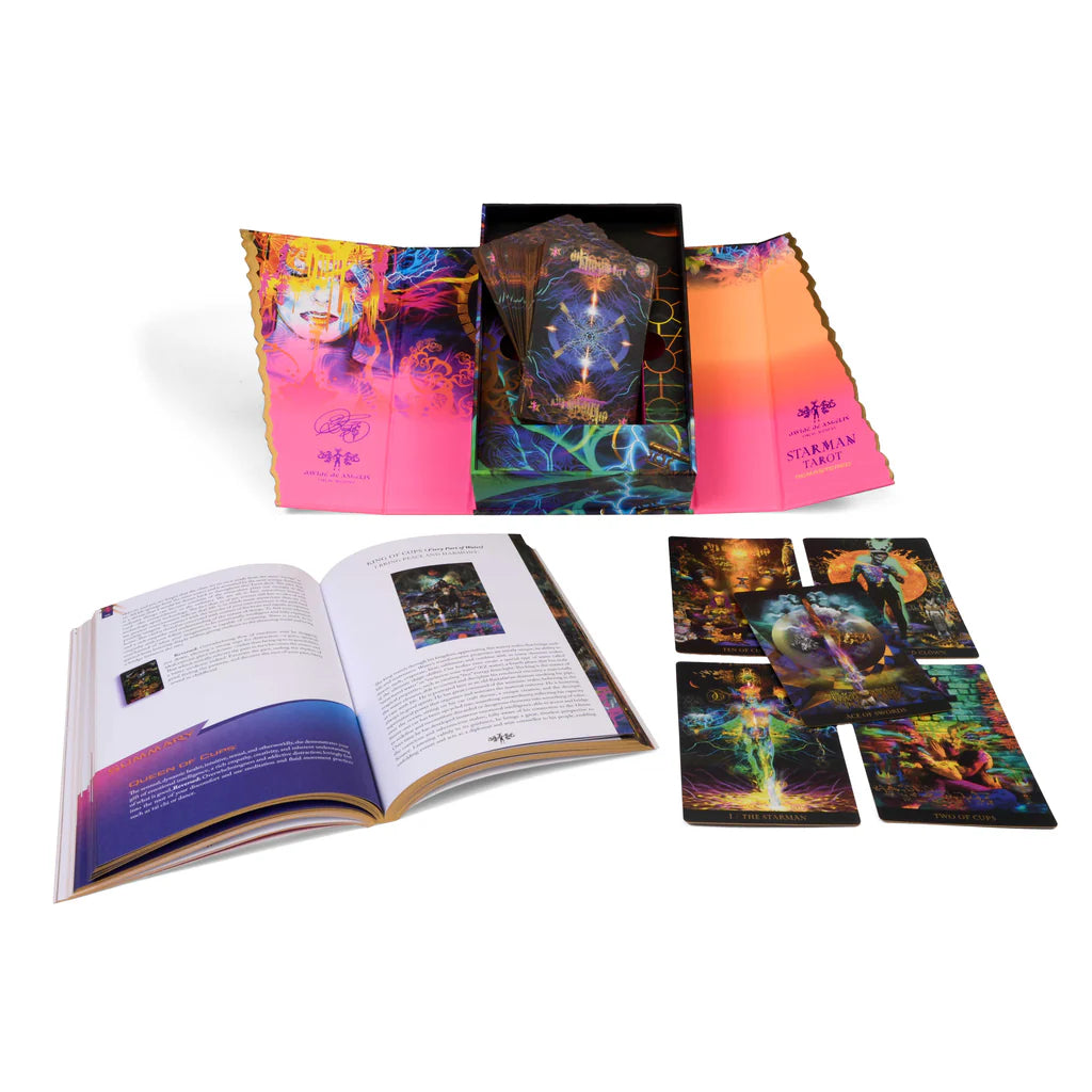 Colorful book and magazine set with artistic designs on a white background