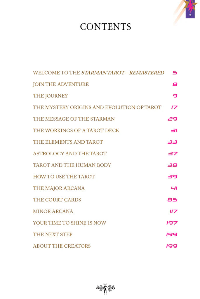 Table of contents for 'The Starman Tarot' on a white background