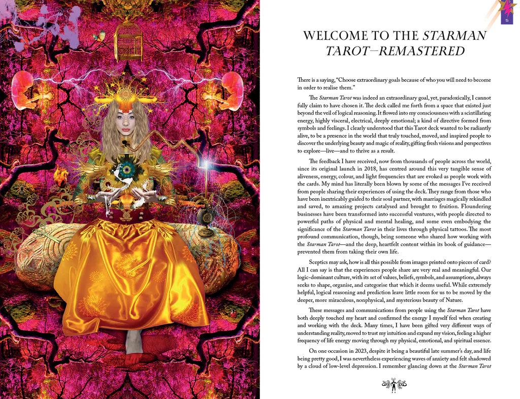 Magical and mystical illustration with a person in a yellow dress surrounded by fantasy elements.
