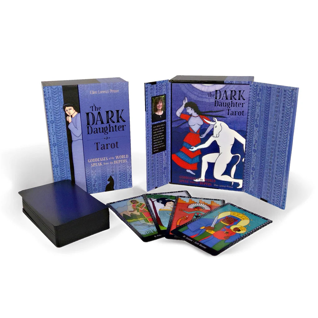 Dark Daughter Tarot set with tarot cards and books on a white background
