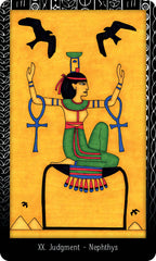 Tarot card featuring a figure with an ankh symbol and two birds, labeled 'Judgment - Nephthys'.