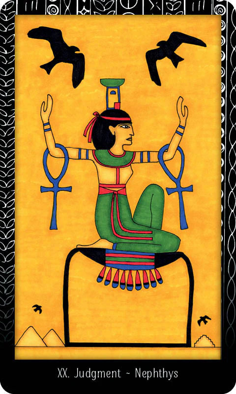 Tarot card featuring a figure with an ankh symbol and two birds, labeled 'Judgment - Nephthys'.