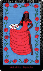 Card featuring a woman in a red dress holding playing cards, surrounded by red flowers on a blue background.