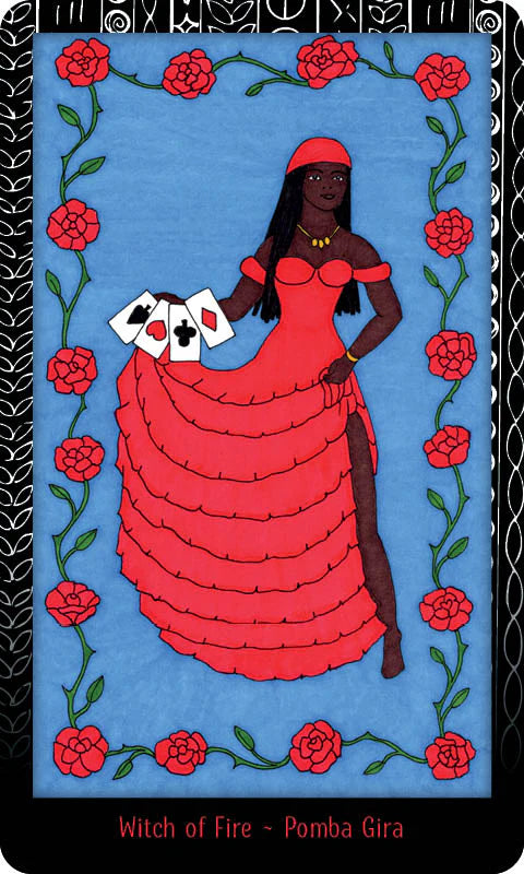 Card featuring a woman in a red dress holding playing cards, surrounded by red flowers on a blue background.