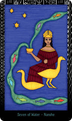 Tarot card featuring a woman with a goose and fish on a blue background