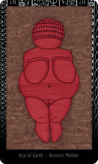 Red abstract figure on a brown background with 'Ace of Earth - Ancient Mother' text