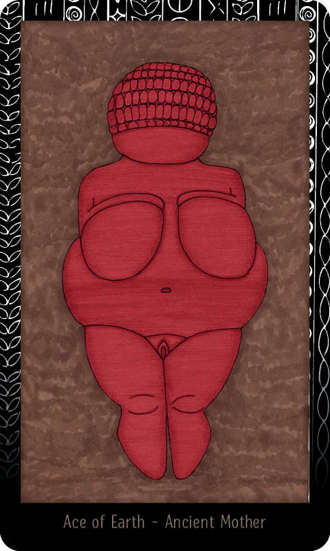 Red abstract figure on a brown background with 'Ace of Earth - Ancient Mother' text
