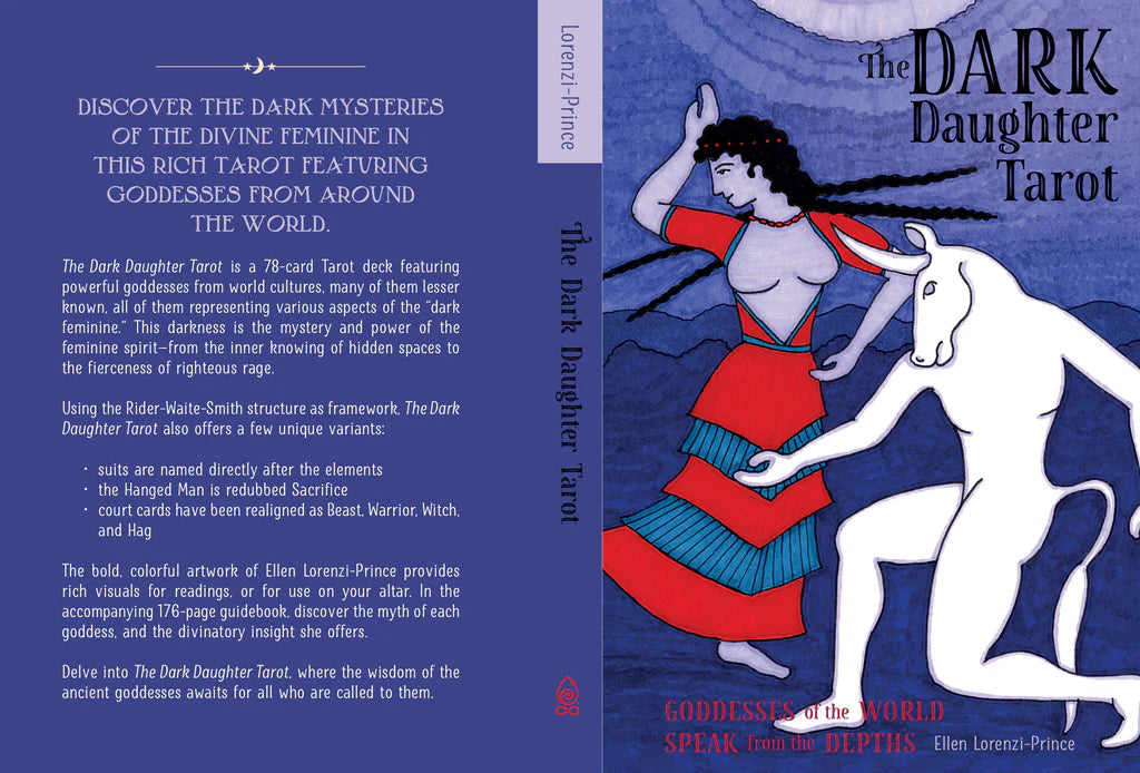 Book cover of 'The Dark Daughter Tarot' with illustration of a woman and panther on a blue background