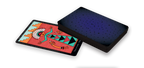 Colorful card with a character design on one side and textured black surface on the other, against a white background.