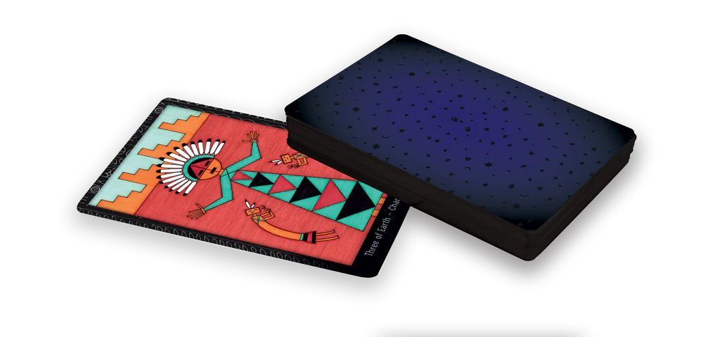 Colorful card with a character design on one side and textured black surface on the other, against a white background.