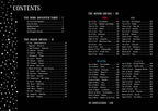 Table of contents for a tarot card deck with black and white design.