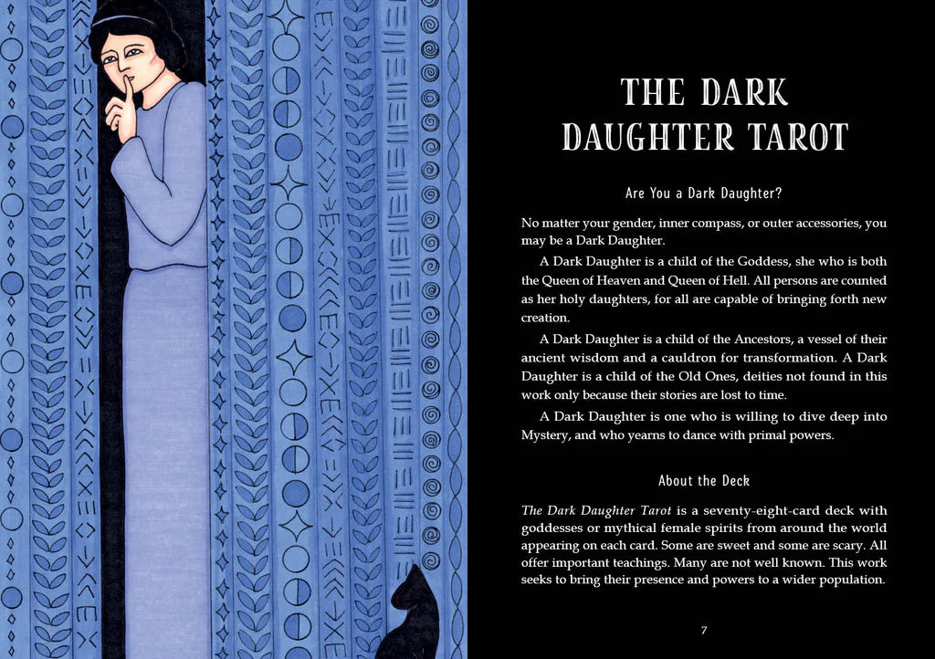 Dark Daughter Tarot book cover with text and blue patterned design