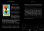 Book page with a tarot card featuring a bee and text on a black background