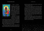 Card with a colorful illustration of a figure in a blue robe and red cape, accompanied by text on a black background.