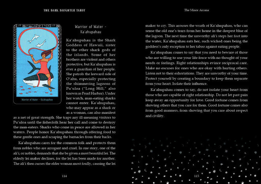 Book page with tarot card and descriptive text on a black background