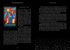 Book page with colorful illustration and text on a black background