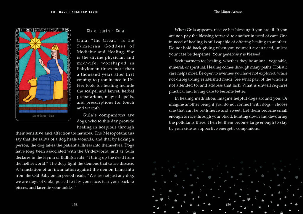 Book page with colorful illustration and text on a black background
