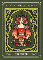 Card featuring a character with red hair and a red outfit, holding a skull, on a green background with decorative elements.