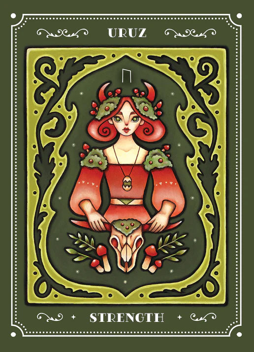 Card featuring a character with red hair and a red outfit, holding a skull, on a green background with decorative elements.