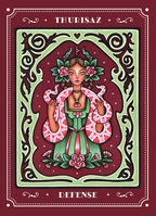 Card featuring a stylized illustration of a woman with floral decorations on a red background, labeled 'Thurisaz' and 'Defense'.