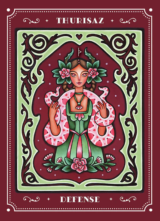 Card featuring a stylized illustration of a woman with floral decorations on a red background, labeled 'Thurisaz' and 'Defense'.