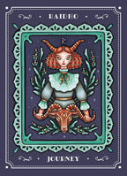 Illustration of a character with red hair and horns, holding a ram, framed by decorative elements on a dark background.