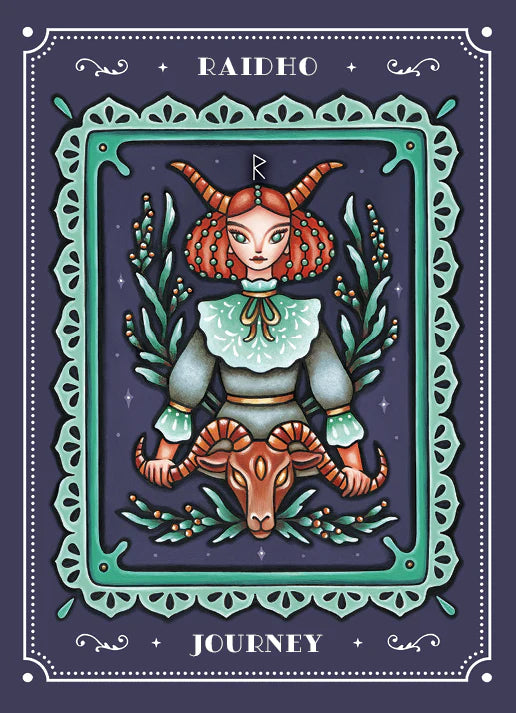 Illustration of a character with red hair and horns, holding a ram, framed by decorative elements on a dark background.