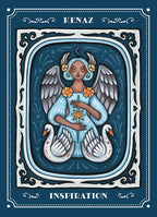Illustration of a winged figure with swans and decorative text on a blue background