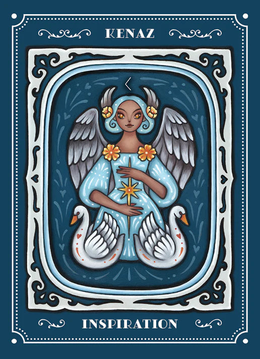 Illustration of a winged figure with swans and decorative text on a blue background