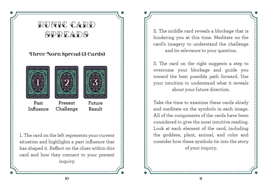 Instructions for a tarot card spread with three cards labeled 'Past Influence', 'Present Challenge', and 'Future Result'.