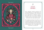 Decorative card with a woman's portrait and text about the Fehu rune on a green background.