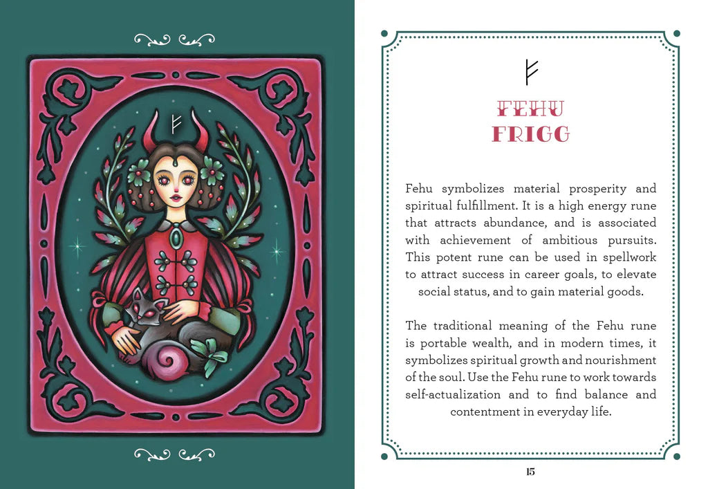 Decorative card with a woman's portrait and text about the Fehu rune on a green background.