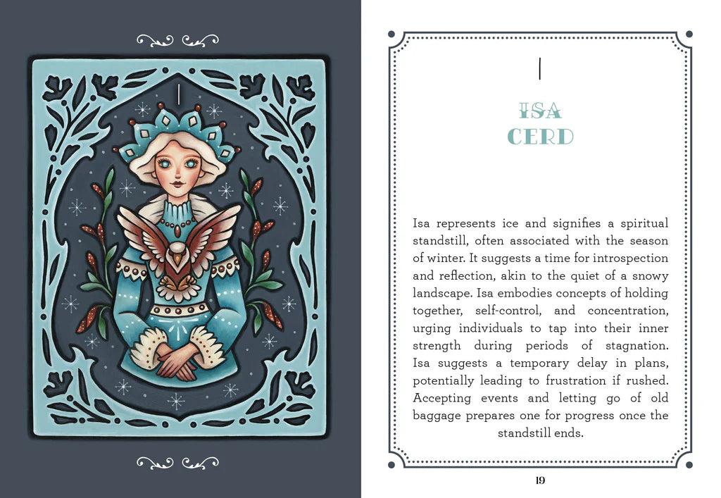 Card with a stylized illustration of a character holding an eagle and text on a white background