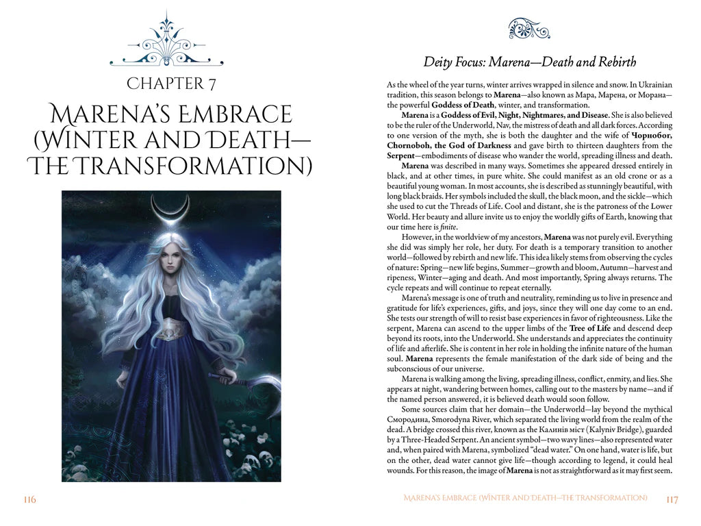 Page from a book or magazine featuring an illustration of a woman with white hair and a dark blue dress, set against a mystical background.