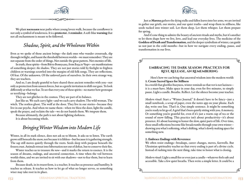Text page with decorative elements and a quote about embracing the dark season.