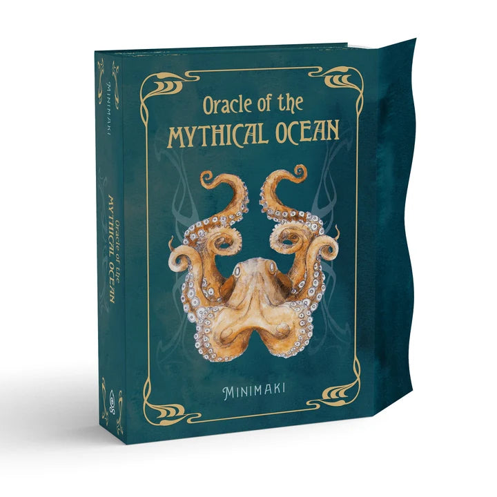 A 3D mockup of a book titled 'Oracle of the Mythical Ocean' by Minimaki, featuring a dark teal cover with gold decorative borders and an illustration of a golden octopus.