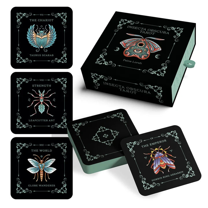 Insecta Obscura Tarot deck shown with a black illustrated box, two small teal tins, and four tarot cards featuring moths and butterflies on a white background.