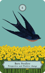 Card with a barn swallow and yellow flowers on a blue background