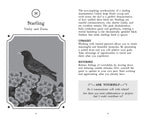 Illustration of a starling with flowers and text on a gray background