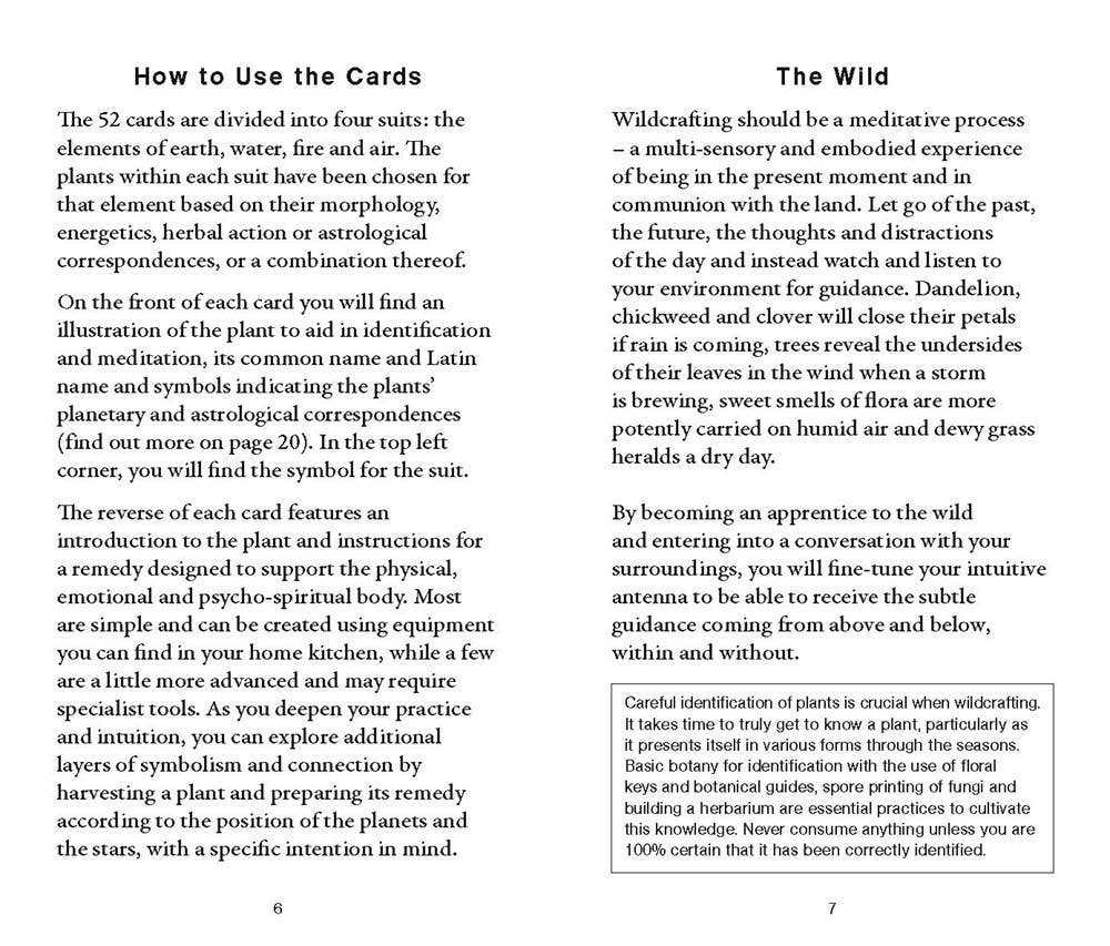 Text page from a book or guide on wildcrafting and plant identification, with sections on how to use cards and descriptions of plants.