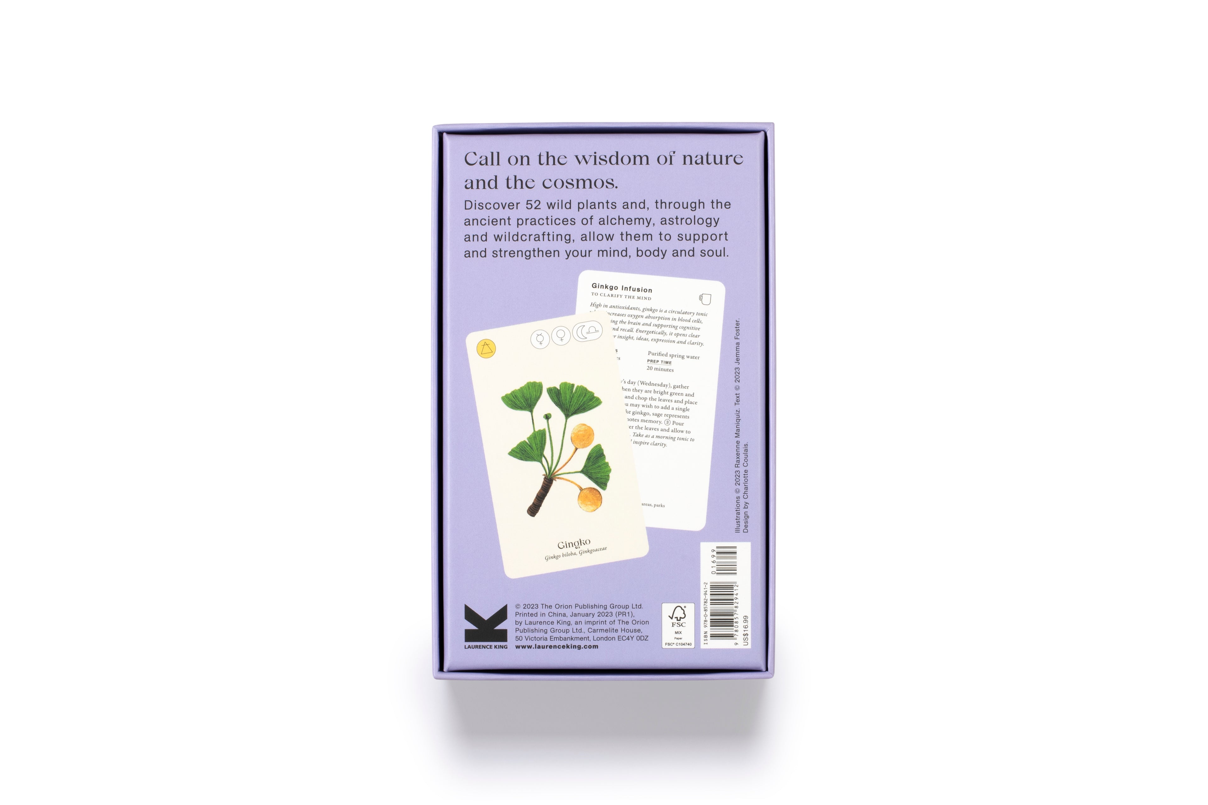 Card deck packaging with nature-themed cards on a white background