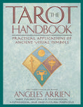 Book cover of 'The Tarot Handbook' by Angeles Arrien with tarot symbols on a light blue background.
