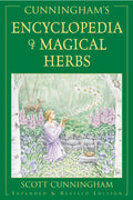 Book cover of 'Cunningham's Encyclopedia of Magical Herbs' with a green background and illustration of a woman in a garden.