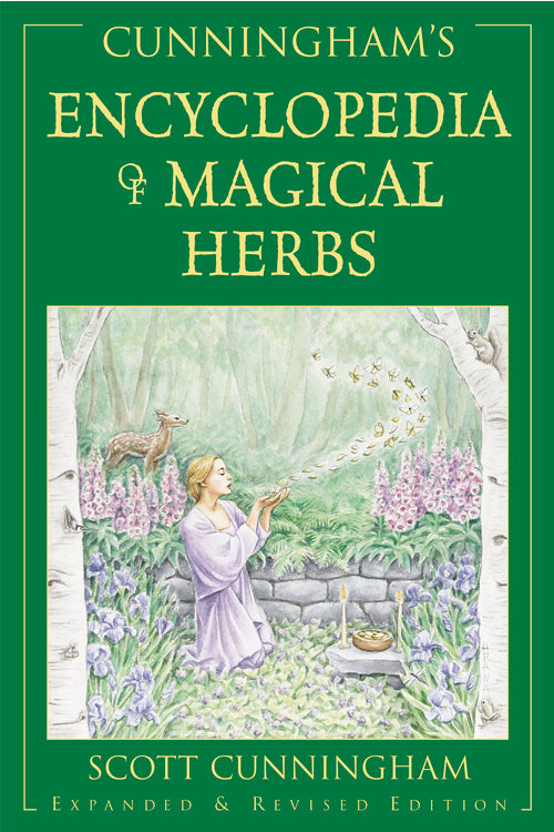 Book cover of 'Cunningham's Encyclopedia of Magical Herbs' with a green background and illustration of a woman in a garden.
